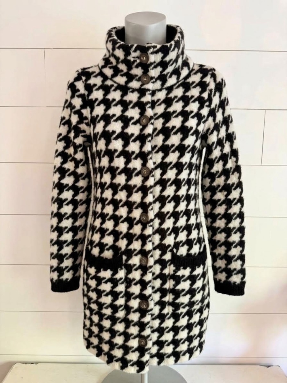 Black & White Houndstooth Long Button-Up Coat